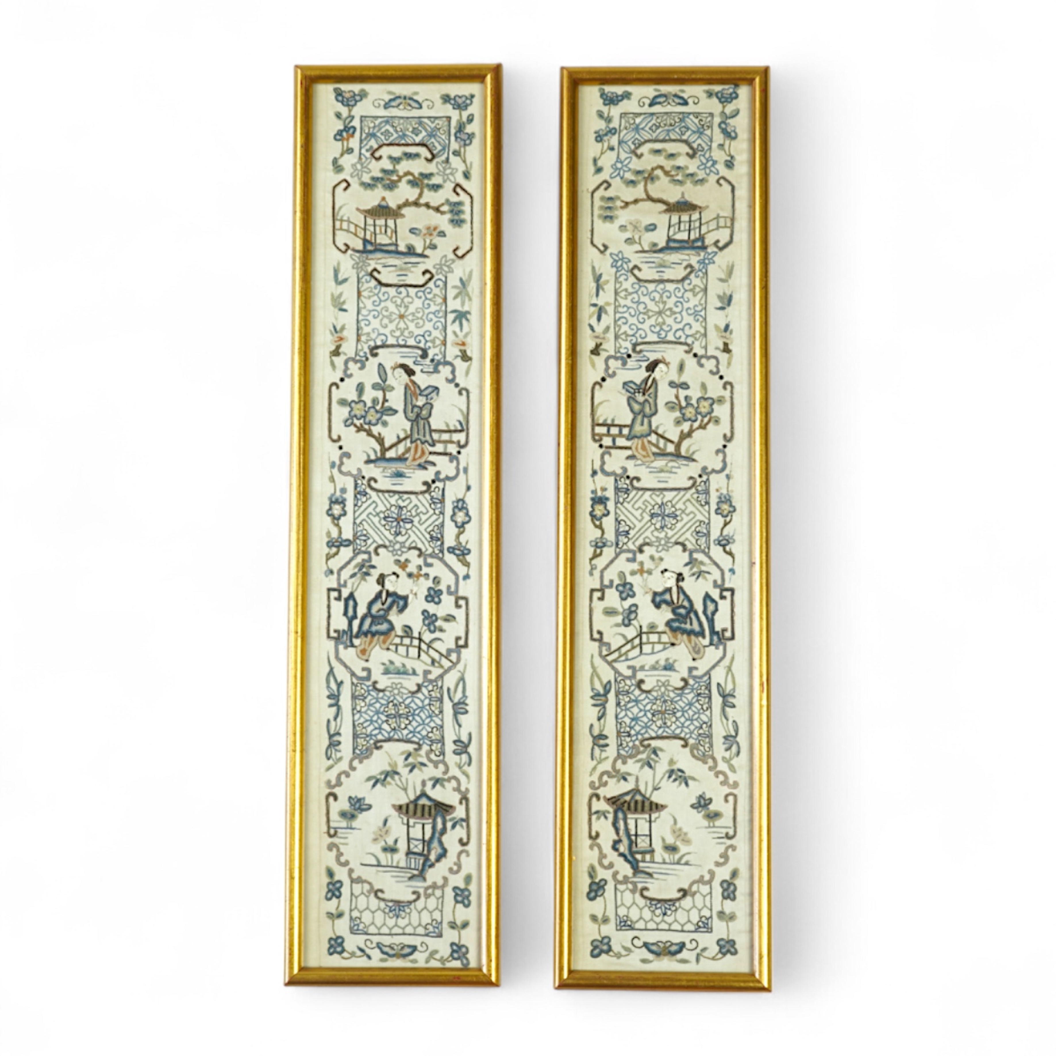 A pair of 19th century Chinese figural silk embroidered sleeve bands. Embroidered in Chinese knot stitch, mostly in blues silk threads on a cream silk backing. 49cm long x 9.5cm wide., Condition - backing fabric and embr